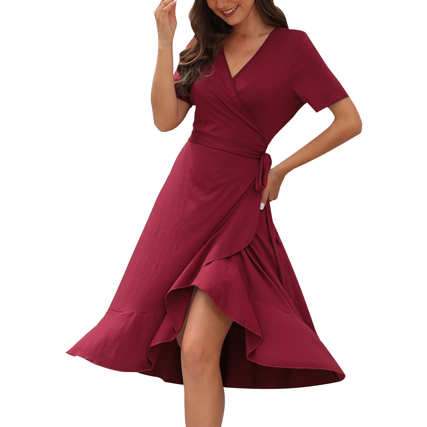 Short Sleeve Ladies Summer Ruffle Hem Slim Wrap Dresses With Belt - The Clothing Company Sydney