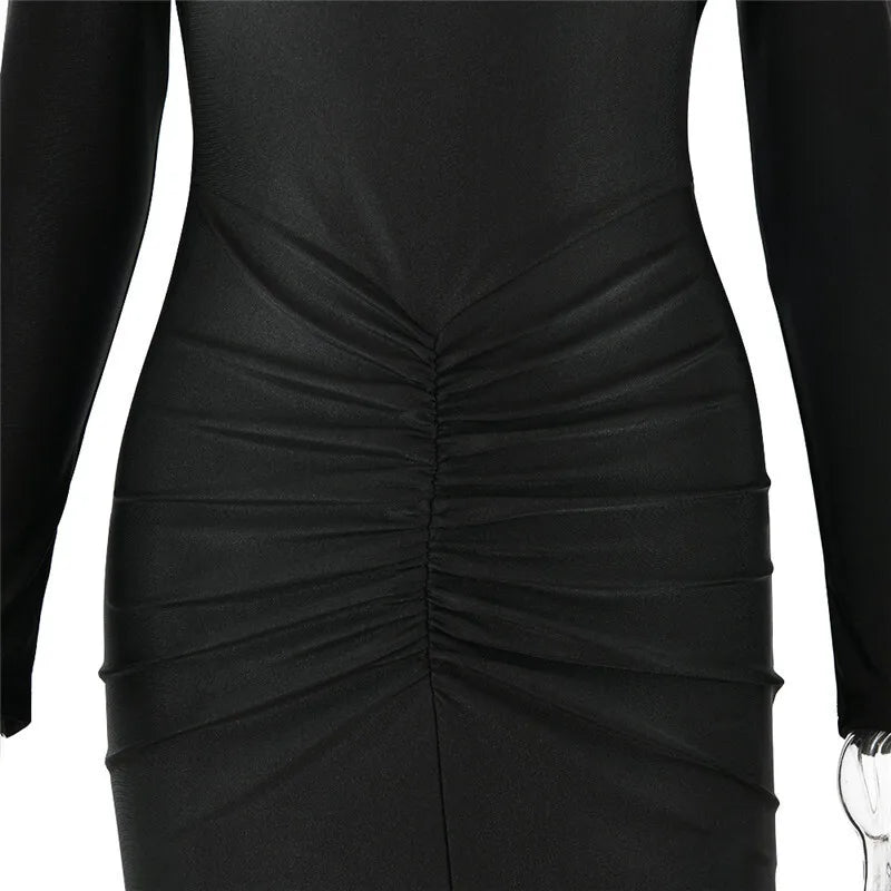 Hollow Out Long Sleeve Maxi Dress Gown Autumn Winter New Metal Buckle Ruched Slit Long Elegant Dress - The Clothing Company Sydney