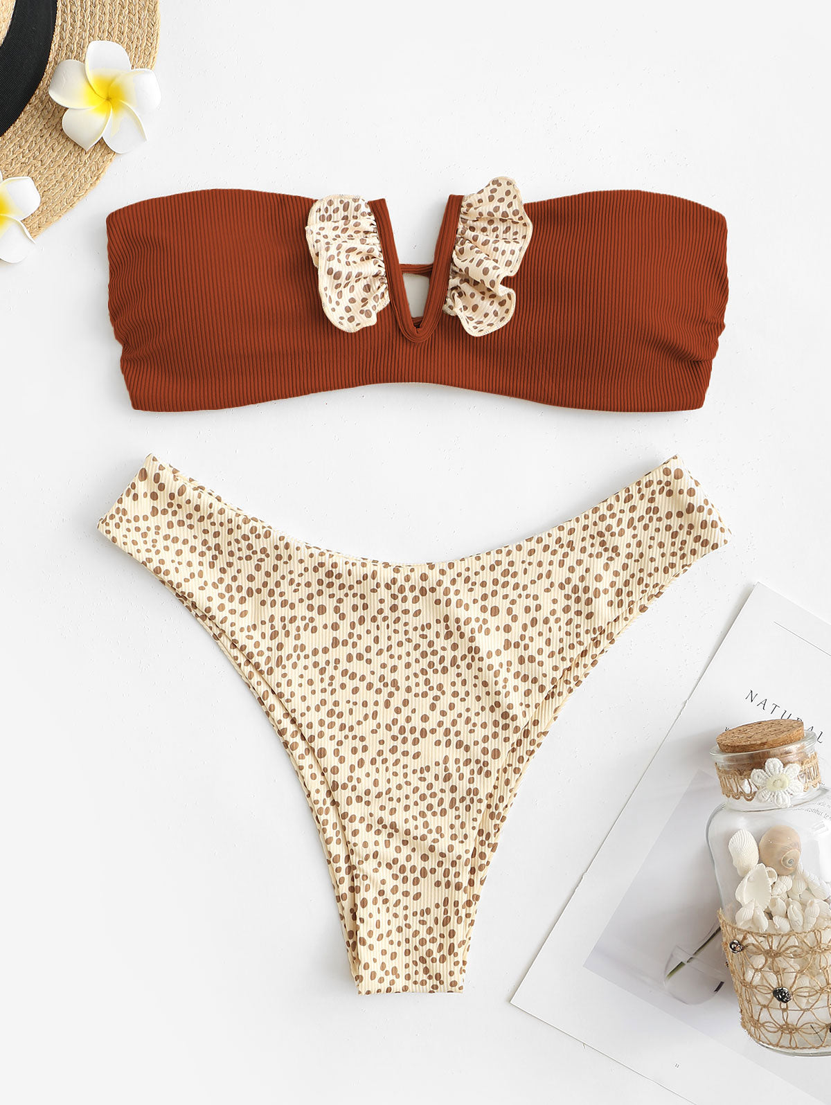 Ribbed V-wire Frilled Animal Spotted Bikini Set Women Two-piece Swimwear Strapless Bathing suit The Clothing Company Sydney