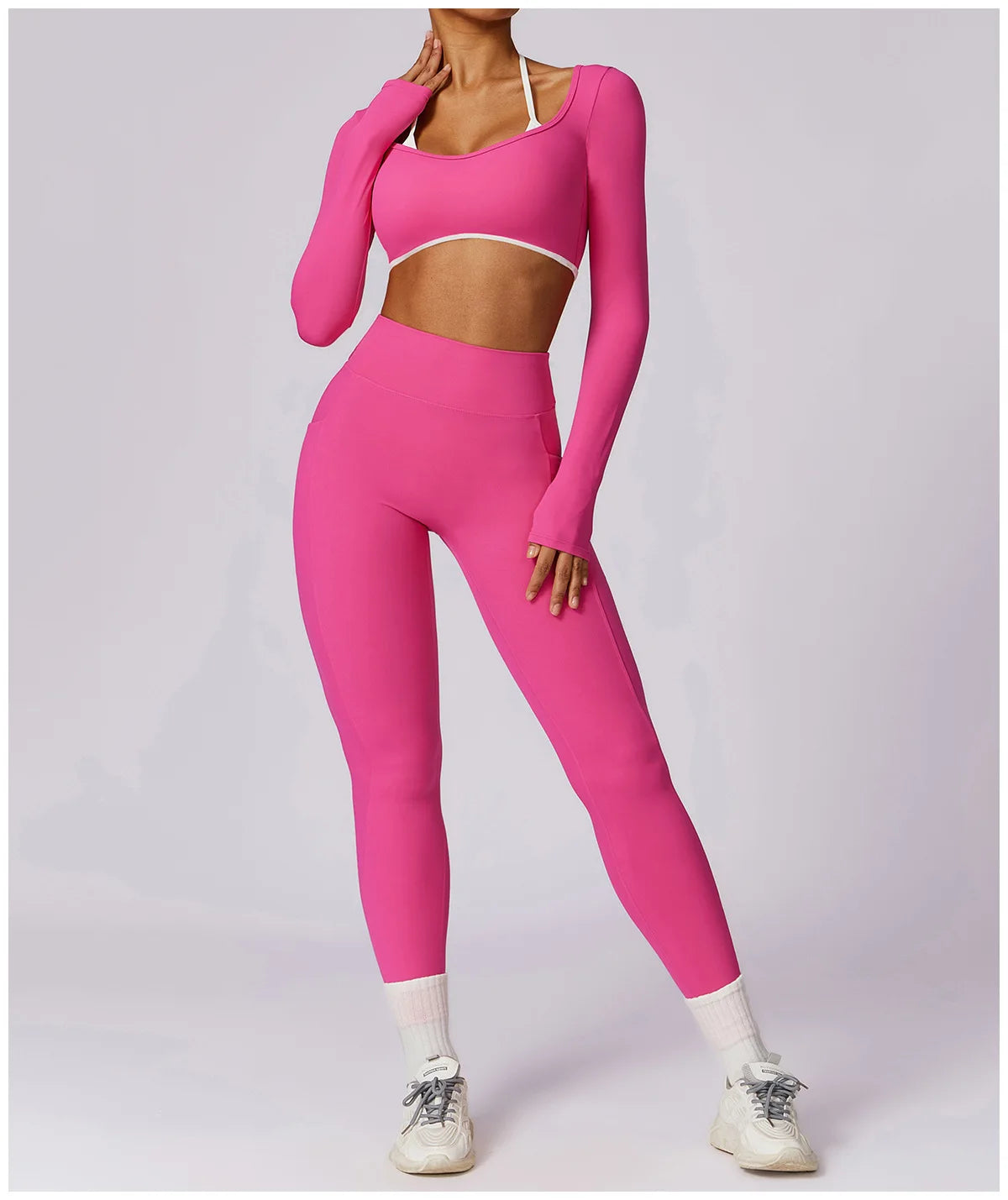 2 Piece Womens Tracksuit Yoga Set Workout Sportswear Gym Clothing Fitness Long Sleeve Crop Top High Waist Leggings Sports Suits - The Clothing Company Sydney