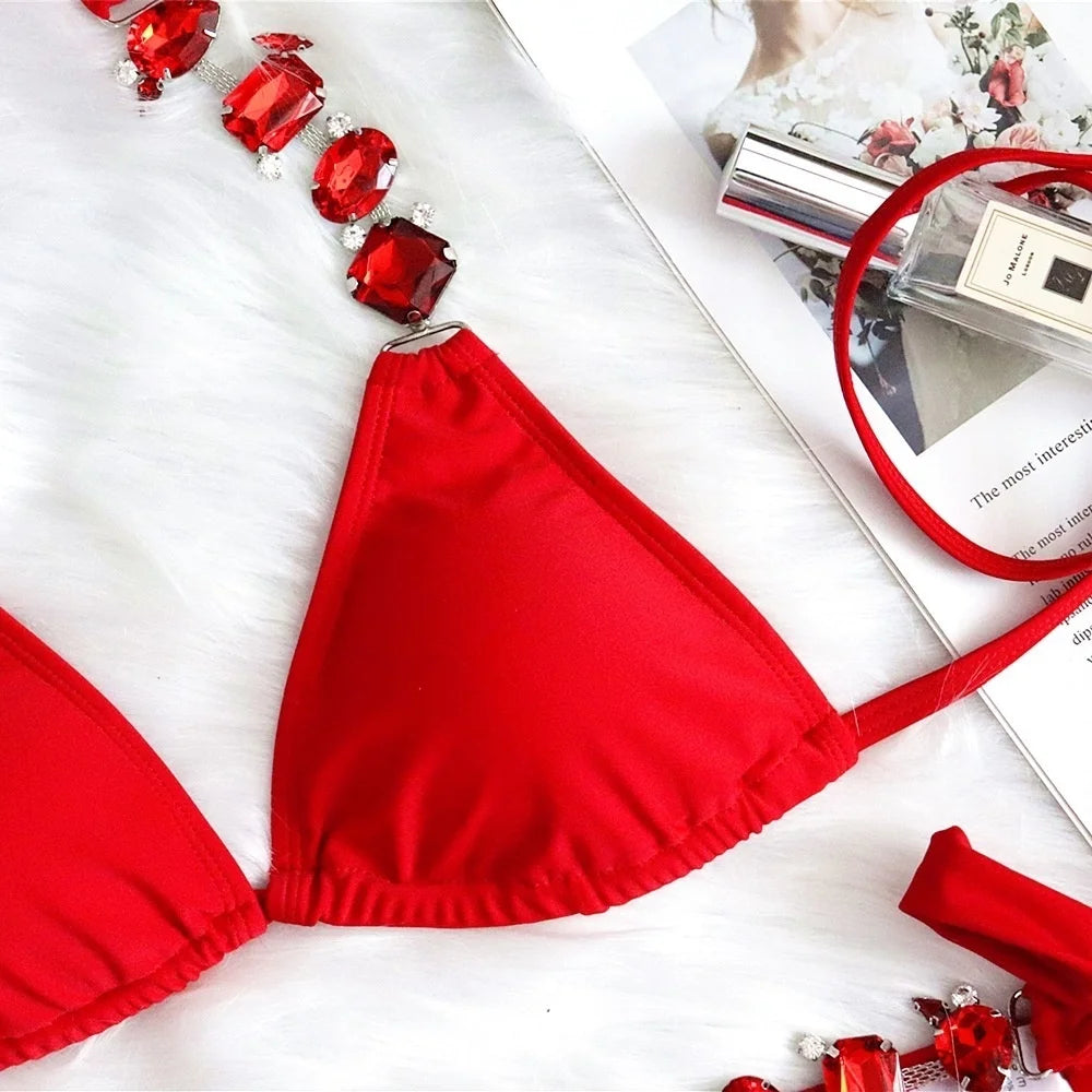 2 Piece Rhinestone Swimsuit Crystal Thong String Bikini Set Swimwear Beach Wear Bathing Suit - The Clothing Company Sydney