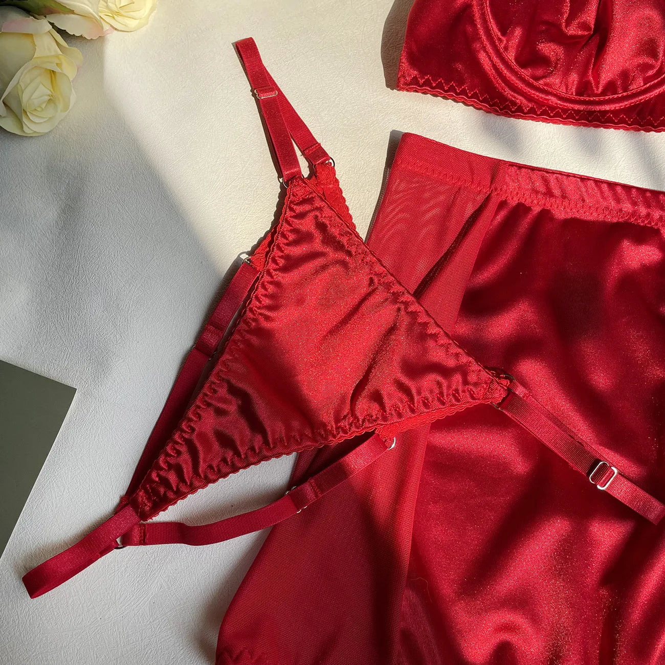 5 Piece Satin Lingerie Underwear Lace Seamless Intimate Skirt Bra And Briefs Outfit Set - The Clothing Company Sydney