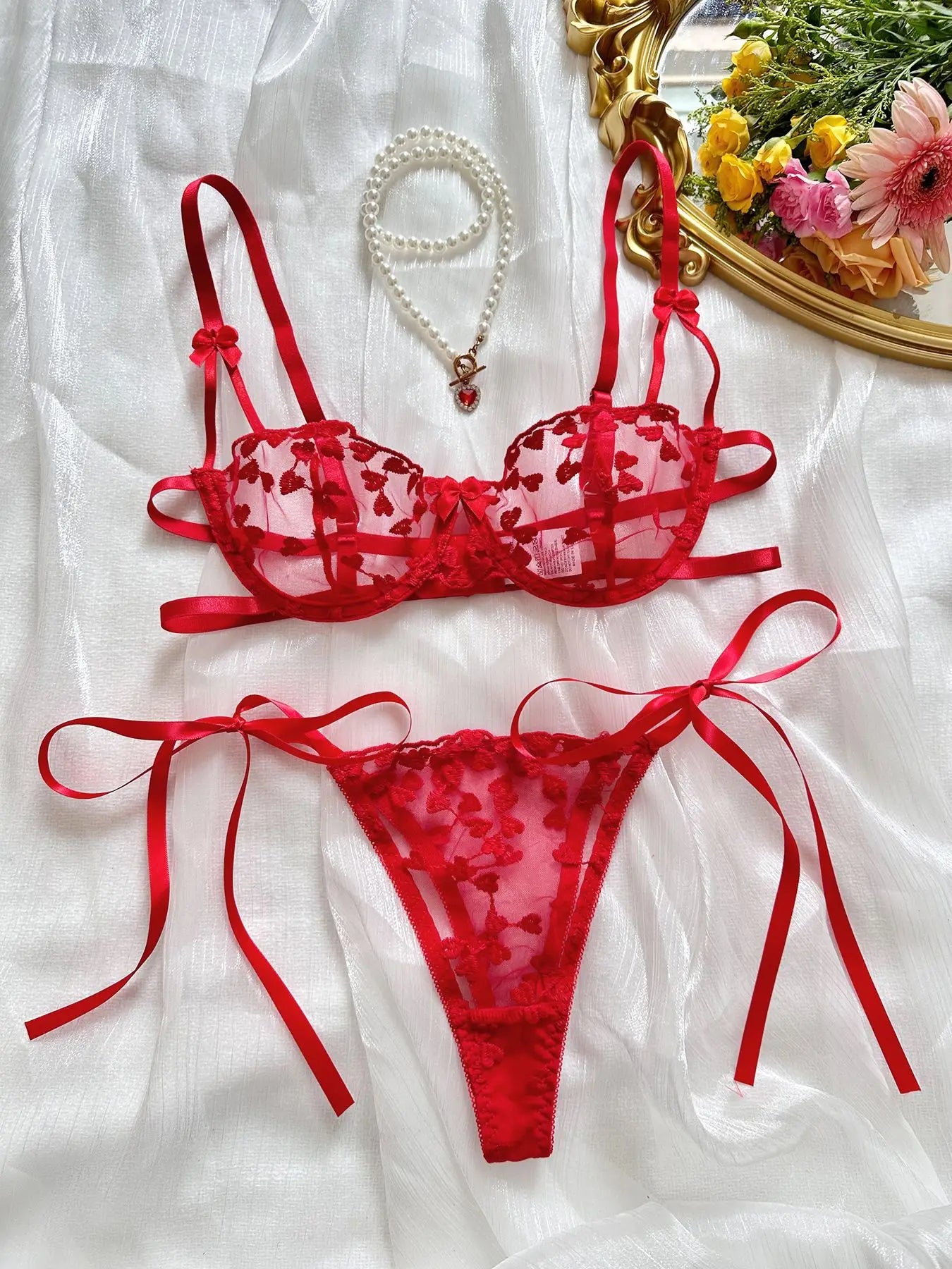 Heart Shaped Embroidery 2 Piece Lace Lineries Outfit Set - The Clothing Company Sydney