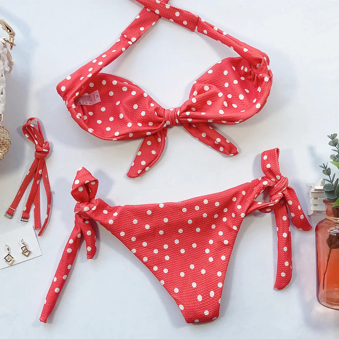 Polka Dot Knotted Bandeau Brazilian Bikini Women Swimwear Female Swimsuit Two-pieces Bikini set Bather Bathing Suit - The Clothing Company Sydney