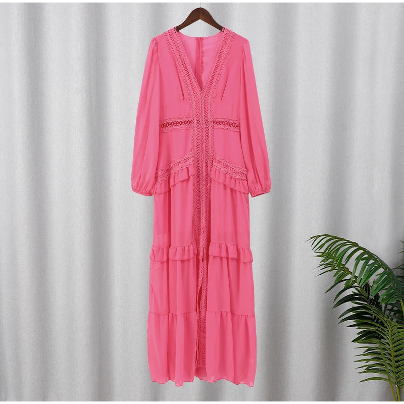 Women V-neck Lantern Long Sleeves Maxi Dress Elegant Patchwork Ruffles Hollow Lace Slim Summer Dress - The Clothing Company Sydney