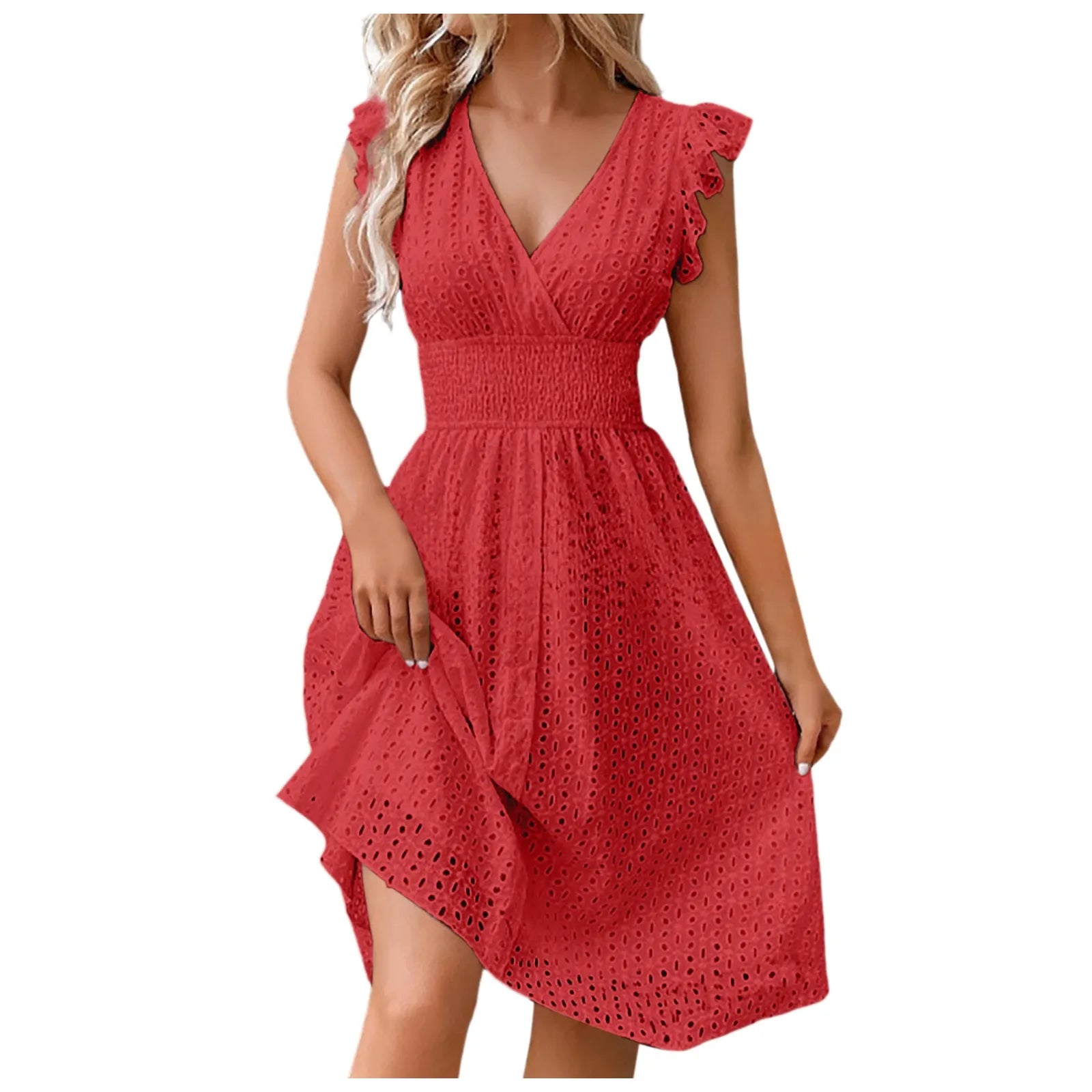 Summer Women's Vacation Short Dress V Neck Flare Sleeve Hollow Lace Waist Casual Beach Holiday Dresses - The Clothing Company Sydney