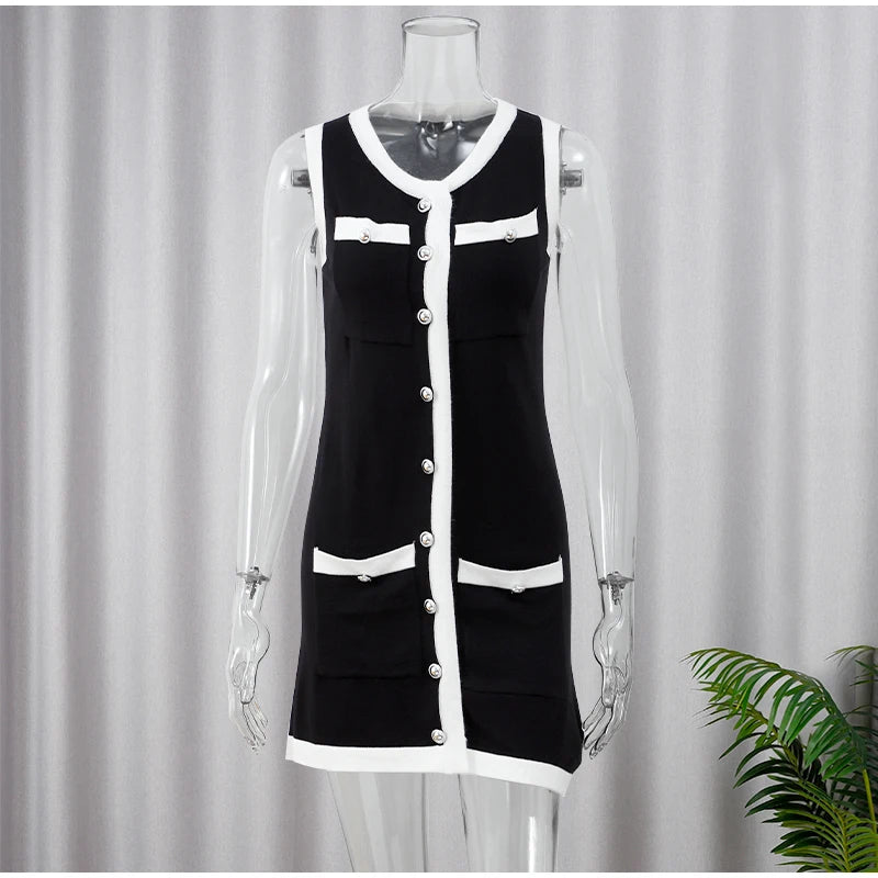 Women's Knitted O-neck Mini Dress Elegant Sleeveless High Waist Pleated Dresses - The Clothing Company Sydney