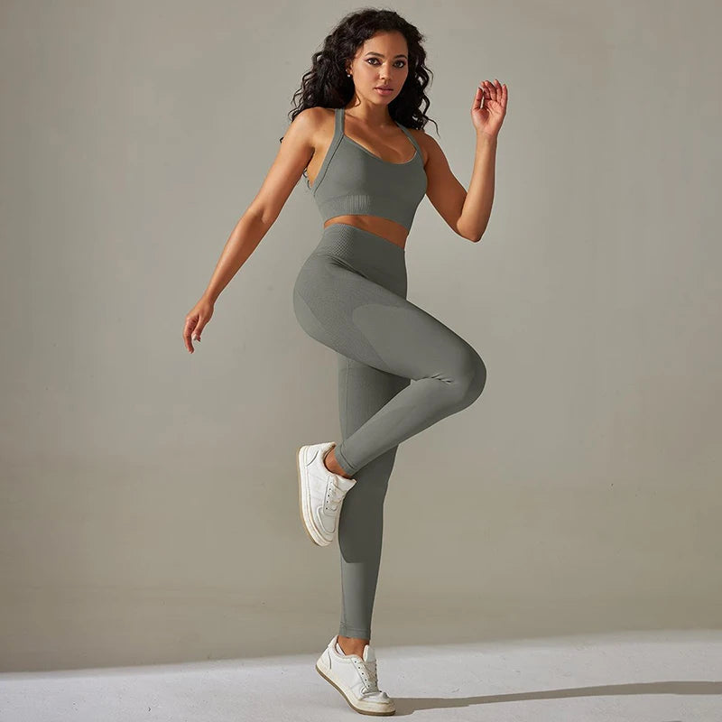 Cross Back Strap Yoga Set Women High Waist Leggings Running Workout Suits Sportswear Seamless Fitness Clothes Tracksuit Set - The Clothing Company Sydney