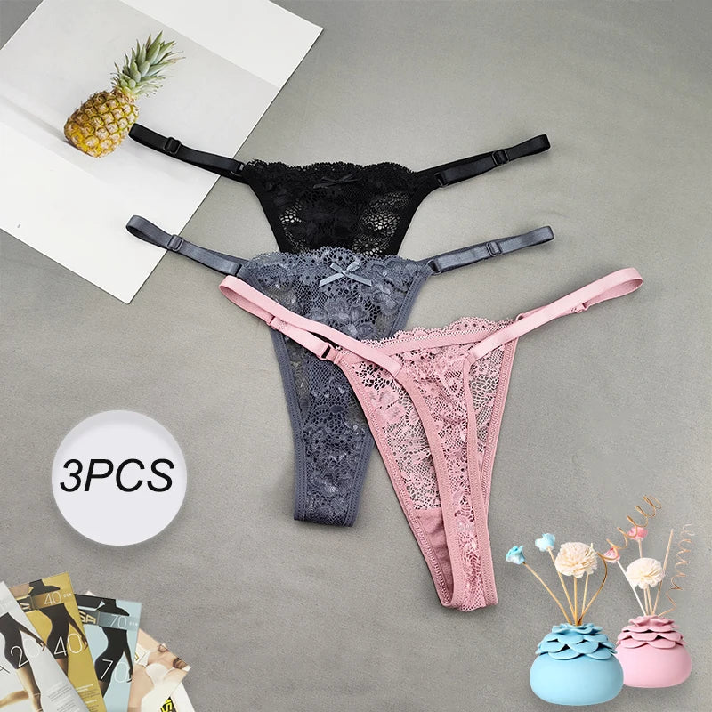 3 Pack Women's Lace Hollow Out Thongs Thin Sheer G-Strings Ultra-low Rise Seamless Panties Perspective Bow Knickers - The Clothing Company Sydney