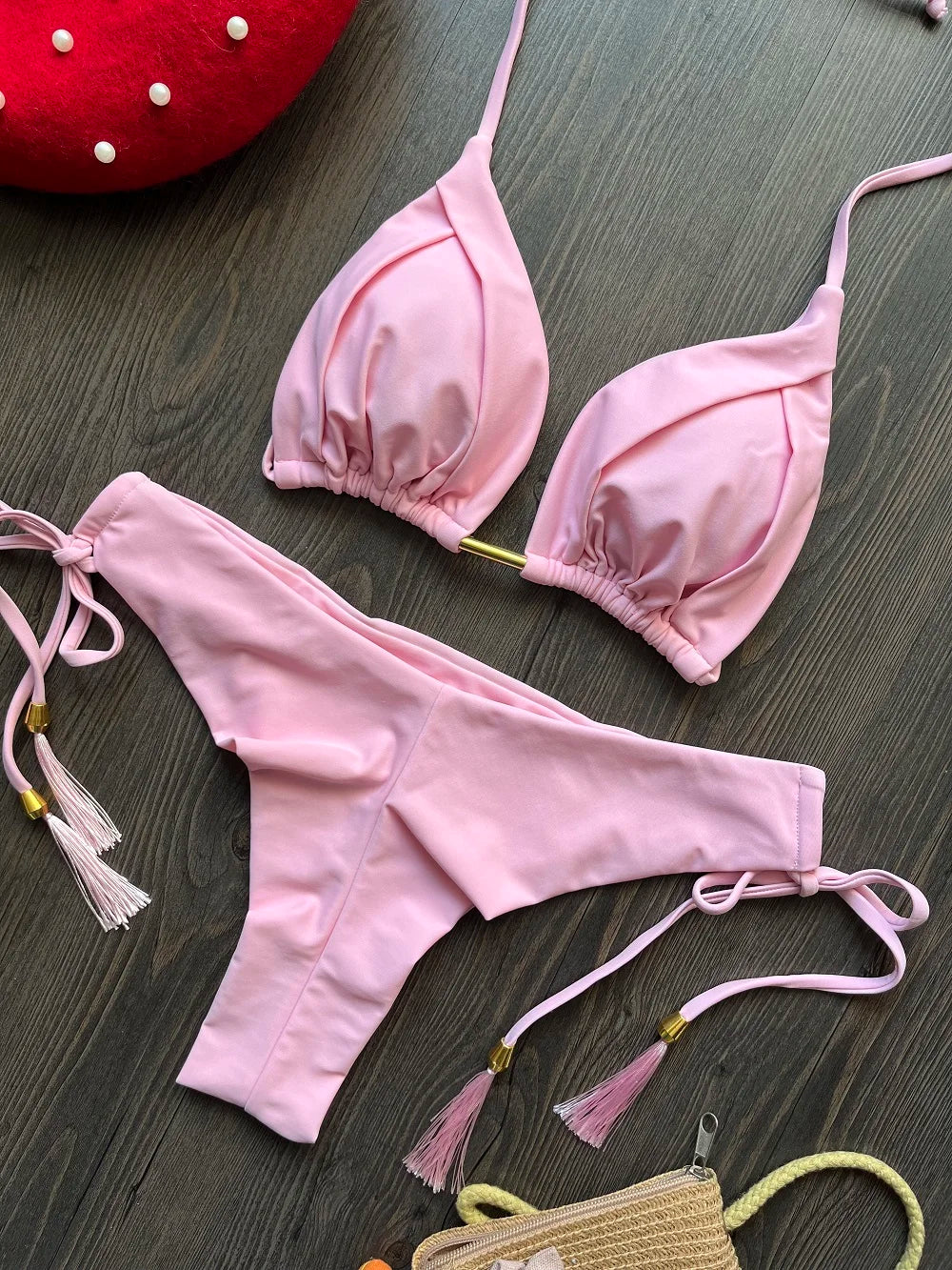 2 Piece Triangle Bathing Suit for Women Brazilian Bikinis Halter Swimwear Push Up Swimsuit Metal Chain Beach Bikini Set The Clothing Company Sydney