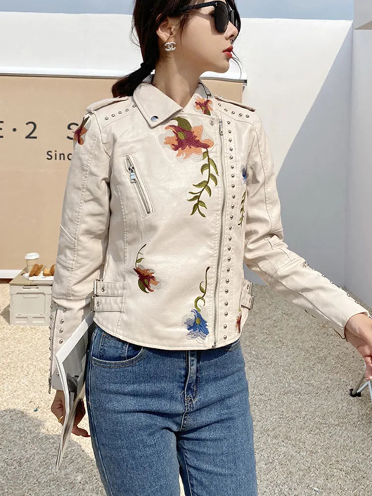 PU Leather Embroidered Rivet Coat Biker Streetwear Zipper Overcoat Women's Jackets Spring Clothes - The Clothing Company Sydney
