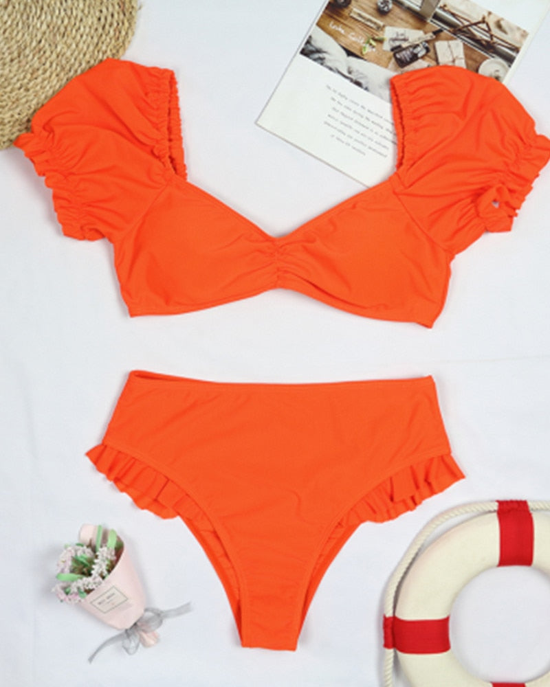2 Piece Women Swimsuit Solid Colour Short Puff Sleeve Summer High Waist Cut Backless Bathing Suit Beachwear Bikini Set The Clothing Company Sydney