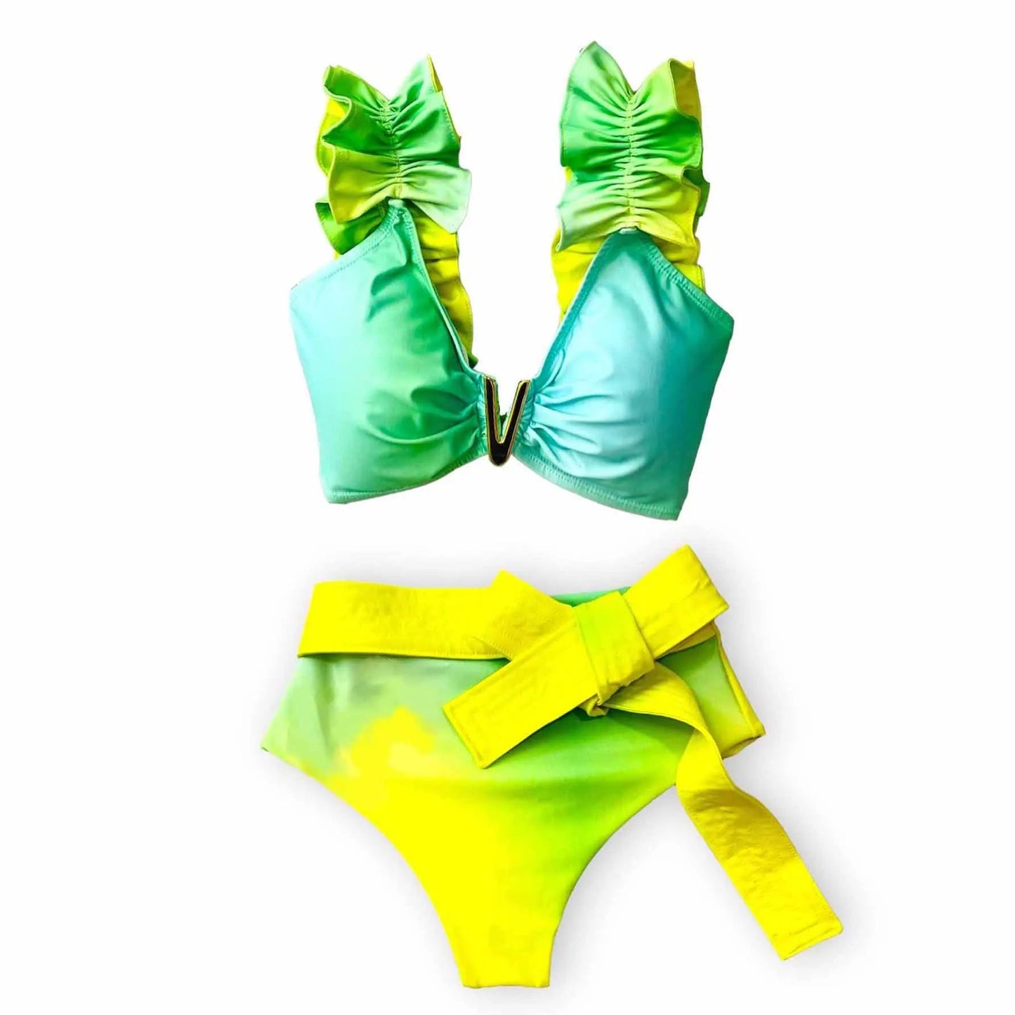 V-Neck High Waist Bikini Sets Shoulder Ruffled Printed Swimsuit Two Piece Swimwear Bathing Suits The Clothing Company Sydney