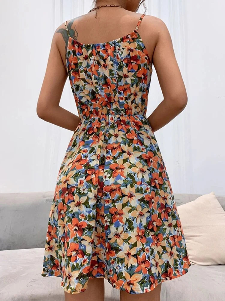 Floral Print Short Dress Women Summer Backless Beach Sundress Casual Sleeveless Lace-up Dresses - The Clothing Company Sydney