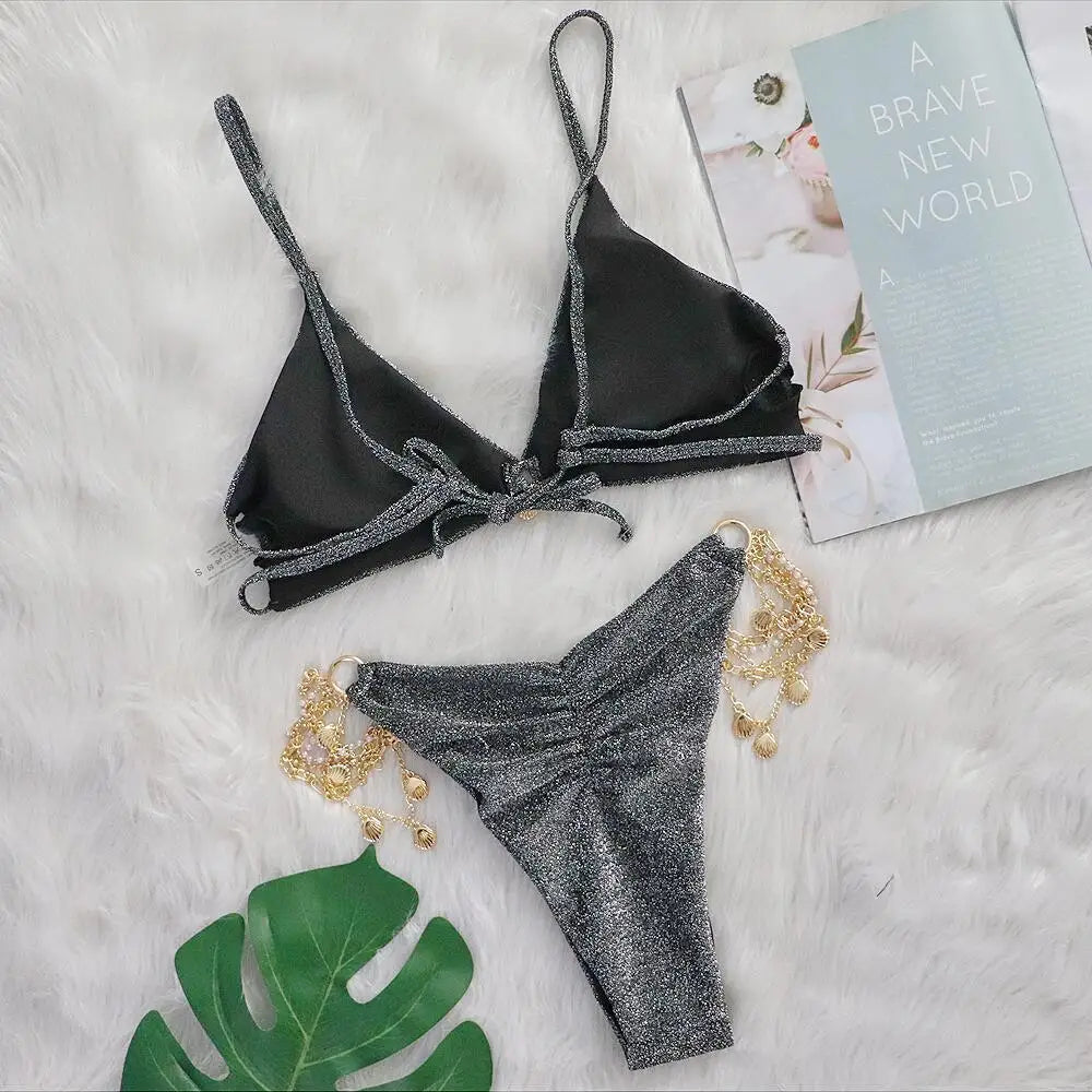 Rhinestone Two 2 Piece Swimsuit Crystal Thong String Bikini Set Women Swimwear Beach Wear Bathing Suit