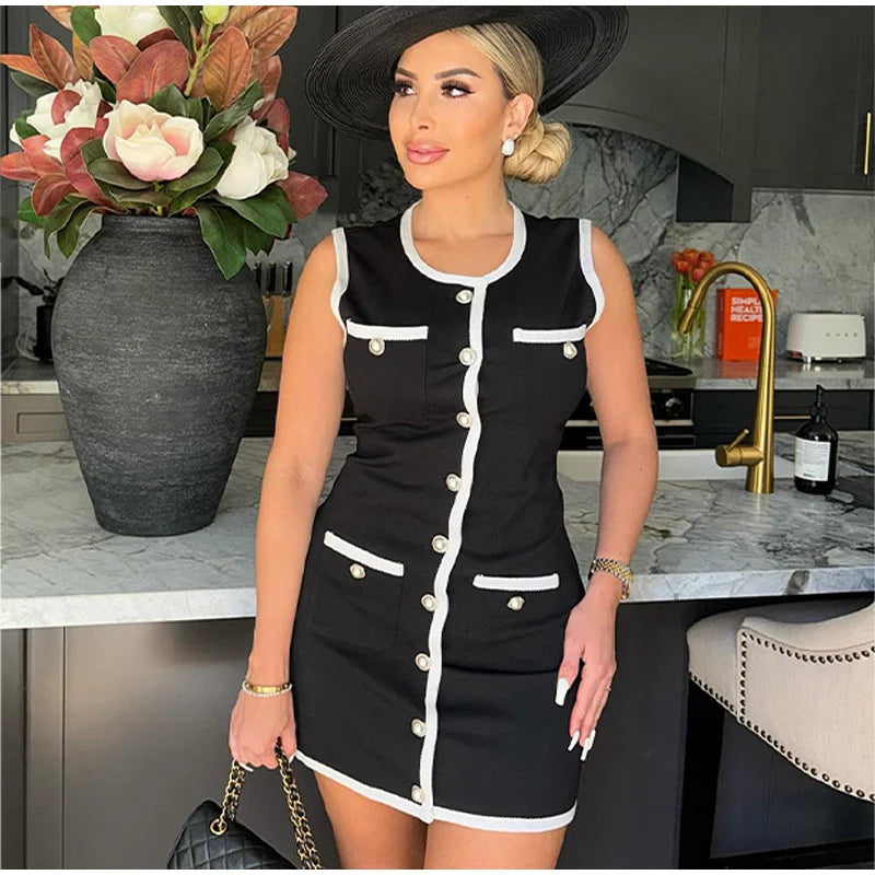 Women's Knitted O-neck Mini Dress Elegant Sleeveless High Waist Pleated Dresses - The Clothing Company Sydney