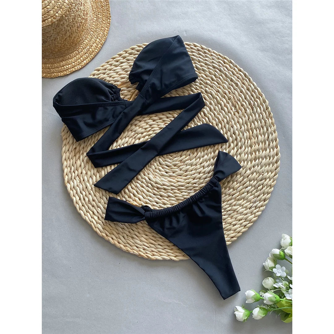 Bandeau High Leg Cut Metal Rings Bikini Swimsuit Swimwear Two-pieces Bikini set Bather Bathing Suit - The Clothing Company Sydney