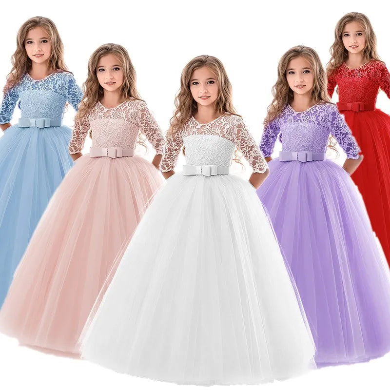 Lace Princess Dress for Girls Long Sleeve Wedding Party Gown Birthday Children Tulle Dress Teenage Formal Long Dress - The Clothing Company Sydney
