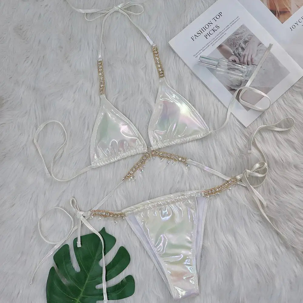 Rhinestone Two 2 Piece Swimsuit Crystal Thong String Bikini Set Women Swimwear Beach Wear Bathing Suit