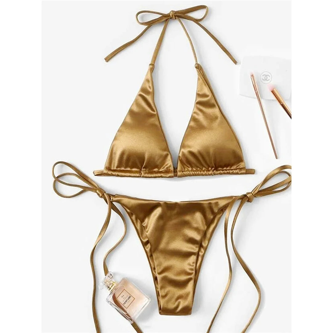 Halter Satin Brazilian Bikini Women Swimwear Female Swimsuit Two-piece Bikini set Bather Bathing Suit The Clothing Company Sydney