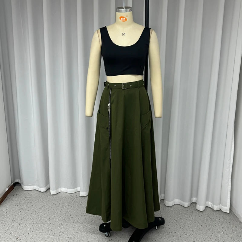 2 Piece Women's Solid Round Neck Sleeveless High Waist Vest Slim Top Loose With Pockets Zipper Long Skirt Matching Outfit Sets - The Clothing Company Sydney