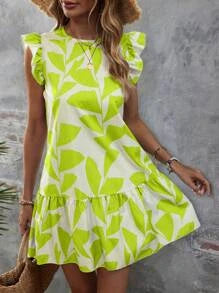 Lotus Leaf Print Ruffle Sleeve Short Dress - The Clothing Company Sydney