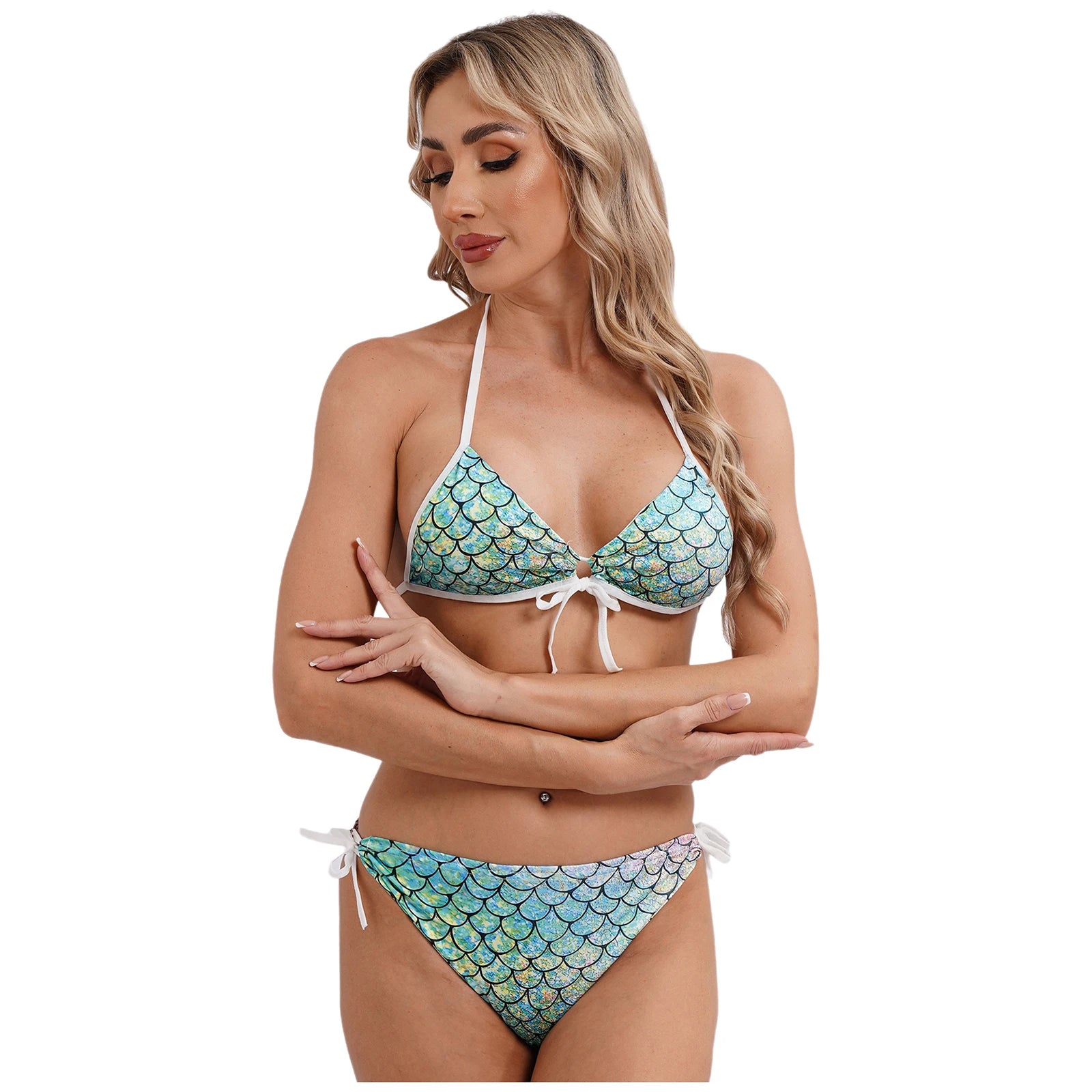 Women's Mermaid Print Swimsuit Bikini Bathing Suit Halter Sponge Pad Bra and Drawstring Briefs Beach Pool Surfing Swimwear - The Clothing Company Sydney