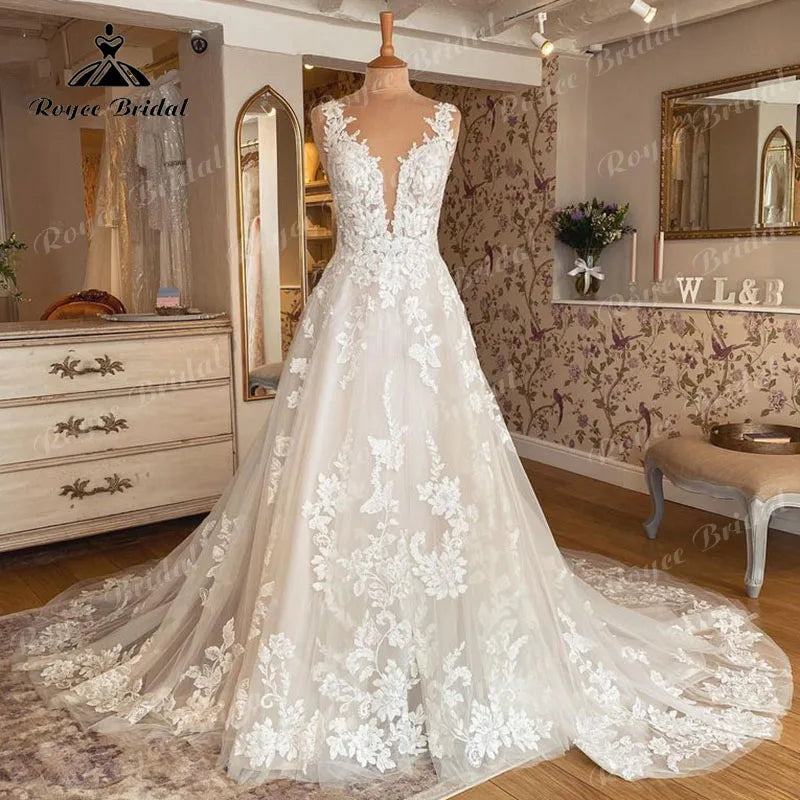 Blush Pink Sleeveless V-Neck Wedding Dress – Lace Applique Backless A-Line Bridal Gown The Clothing Company Sydney