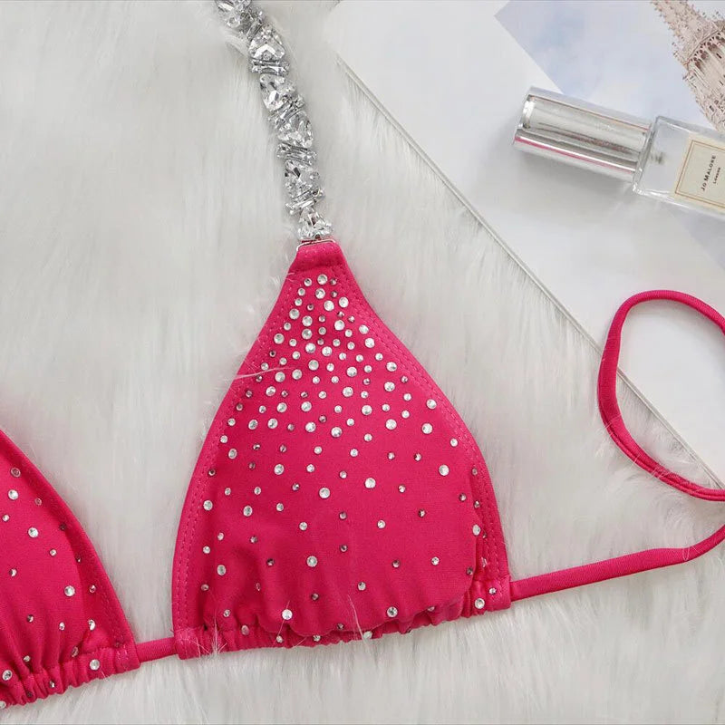 Rhinestone Two 2 Piece Swimsuit Crystal Thong String Bikini Set Women Swimwear Beach Wear Bathing Suit
