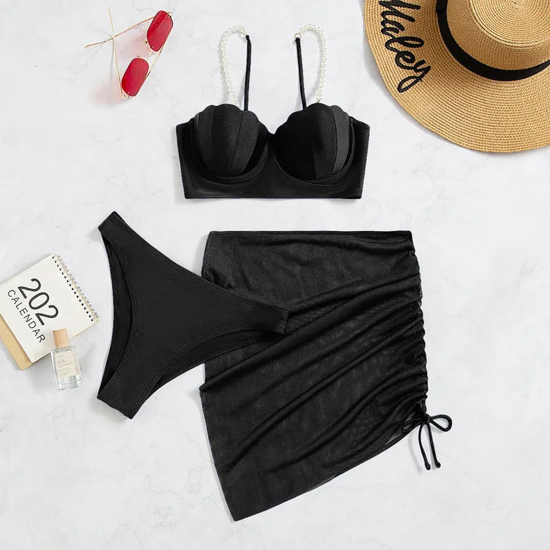 3 Piece Women's Swimsuit Off Shoulder Suspender Pure Cotton Fashion Backless Beach Split Swimwear - The Clothing Company Sydney