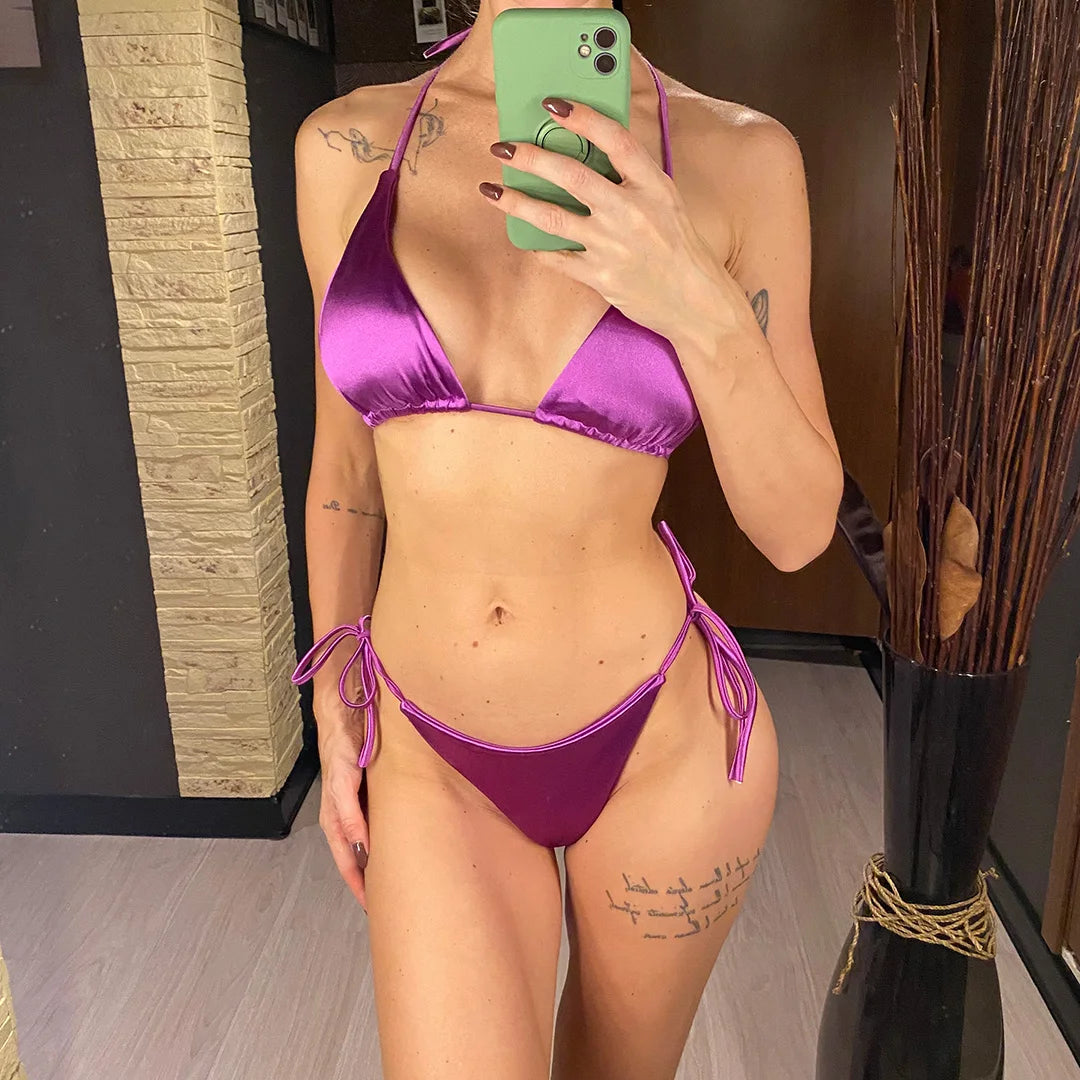 Halter Satin Brazilian Bikini Women Swimwear Female Swimsuit Two-piece Bikini set Bather Bathing Suit The Clothing Company Sydney