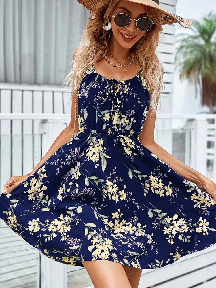 Floral Print Short Dress Women Summer Backless Beach Sundress Casual Sleeveless Lace-up Dresses - The Clothing Company Sydney