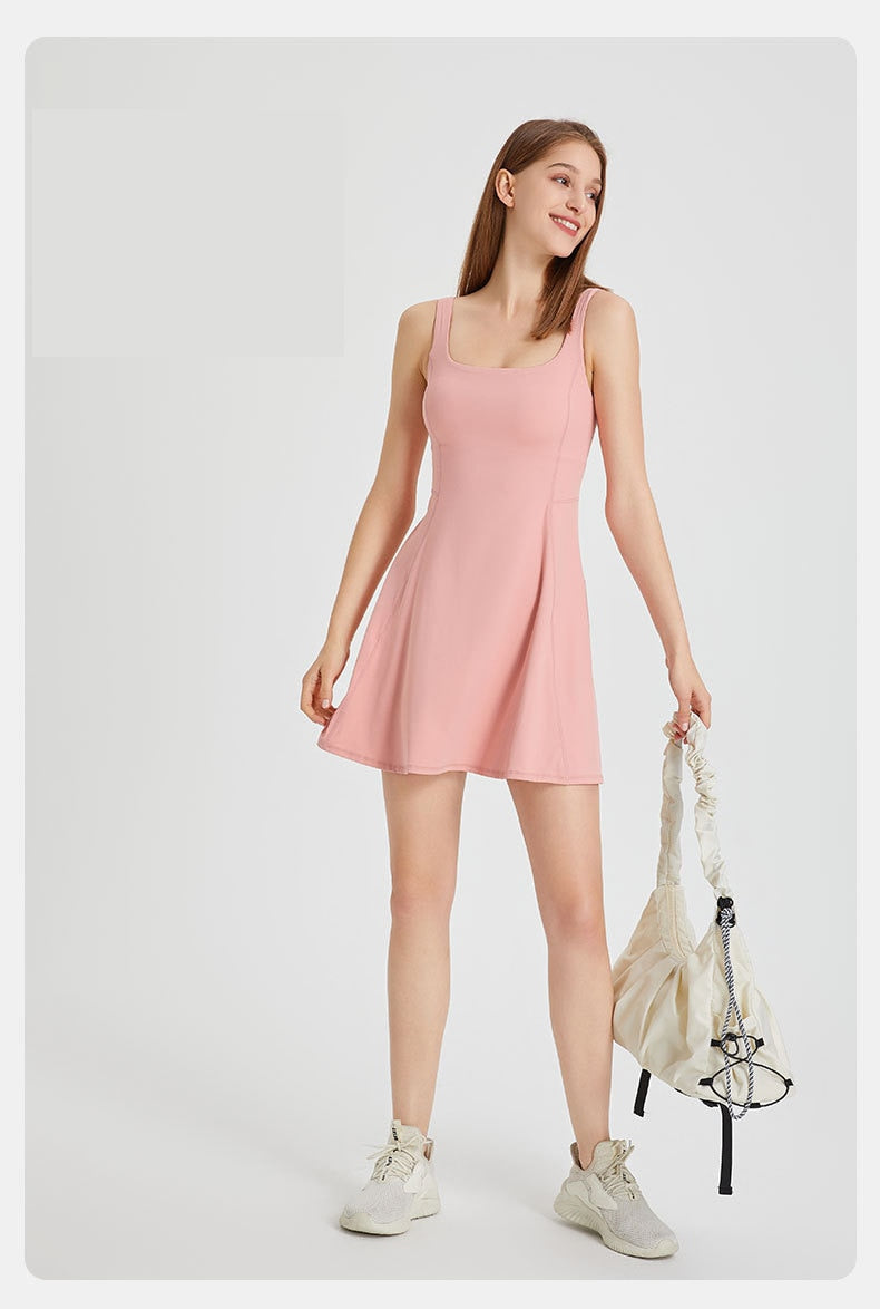 Women's Summer Tennis Netball Golf Dress Fashion Square Neck Pocket Sports Running Dress Breathable Workout Frock With Chest Pads The Clothing Company Sydney