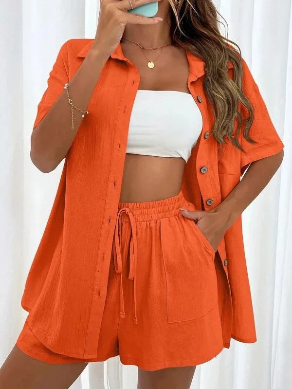 Casual Loose Single-breasted Top And Drawstring Shorts Set Fashion Ladies Suits Summer 2 Piece Set  Matching Outfits - The Clothing Company Sydney