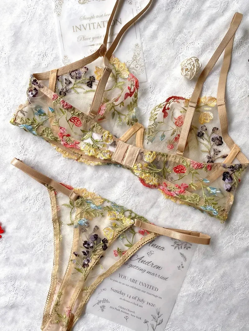 Yimunancy Floral Embroidery Lingerie Set Women Sheer 2-Piece Boho Bra + Panty Underwear Set Intimates The Clothing Company Sydney