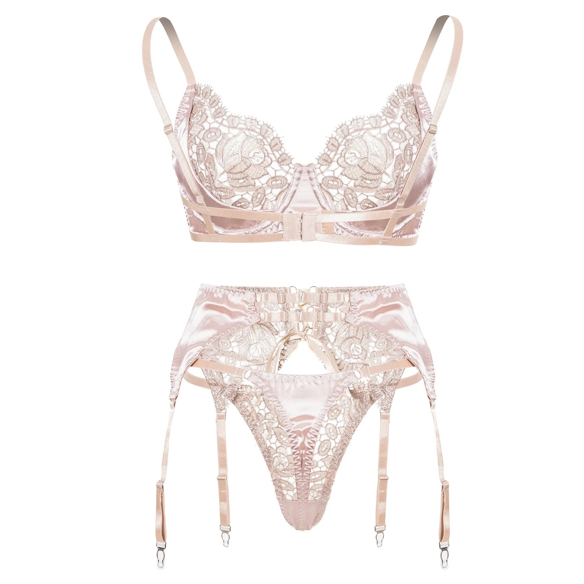 3 Piece Bra Briefs Fancy Lingerie Floral Embroidery Satin Underwear Intimate See Through Outfit Set The Clothing Company Sydney