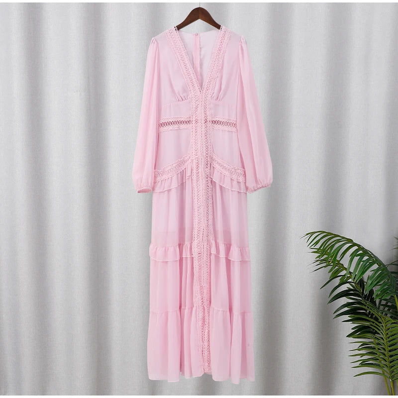 Women V-neck Lantern Long Sleeves Maxi Dress Elegant Patchwork Ruffles Hollow Lace Slim  Summer Dress - The Clothing Company Sydney