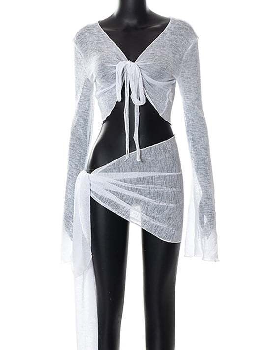 Green Summer Sexy Beach Dress Sets Women See Through Outfits White Long Sleeve Crop Top and Mini Skirt 2 Piece Set The Clothing Company Sydney