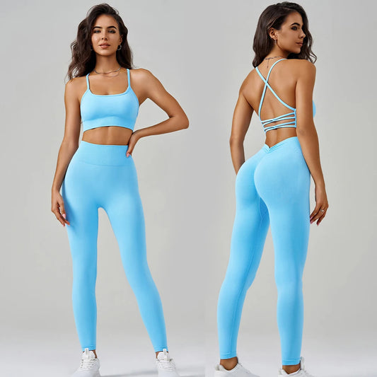 2 Piece Seamless Yoga Set Women Sports Outfit Crisscross Back Bra Fitness Suit High Waist Leggings Running Workout Tracksuit The Clothing Company Sydney