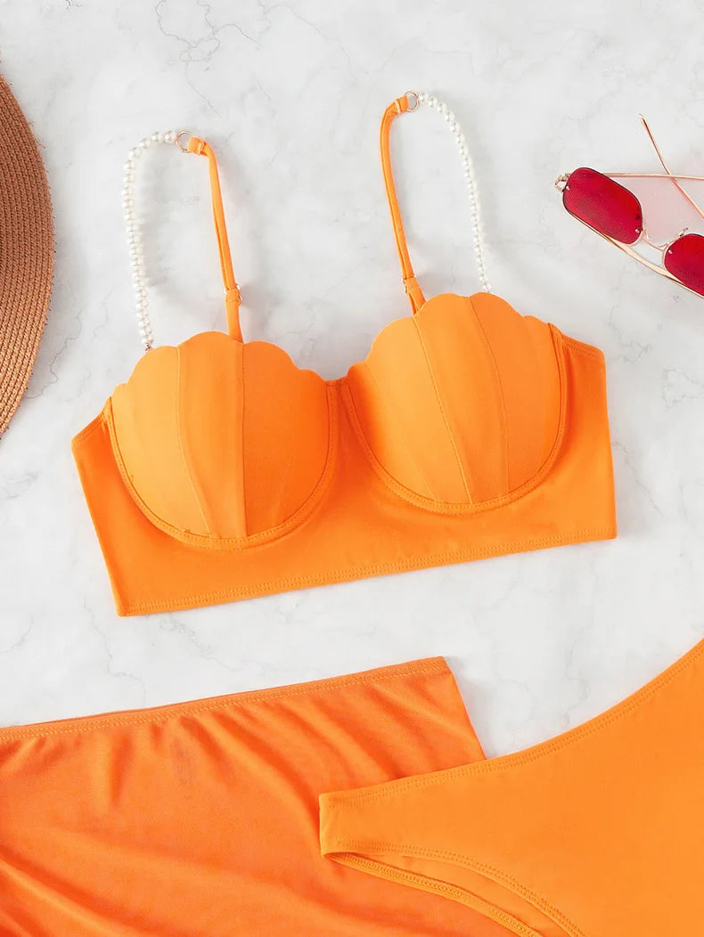 3 Piece Women's Swimsuit Off Shoulder Suspender Pure Cotton Fashion Backless Beach Split Swimwear - The Clothing Company Sydney