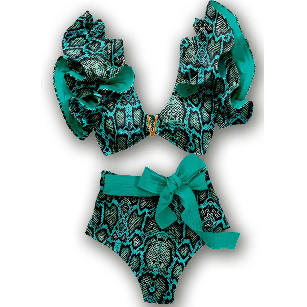 V-Neck High Waist Bikini Sets Shoulder Ruffled Printed Swimsuit Two Piece Swimwear Bathing Suits The Clothing Company Sydney