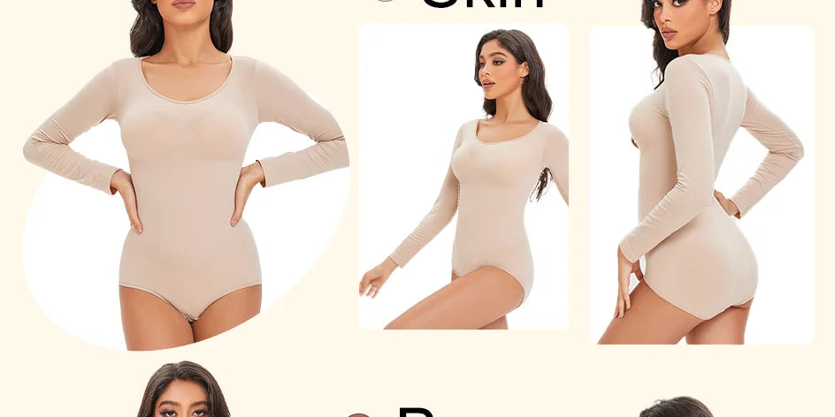 Spandex Elastic Body Suit Shapewear Women Body Shaper Long Sleeve Round Neck Seamless Shapers