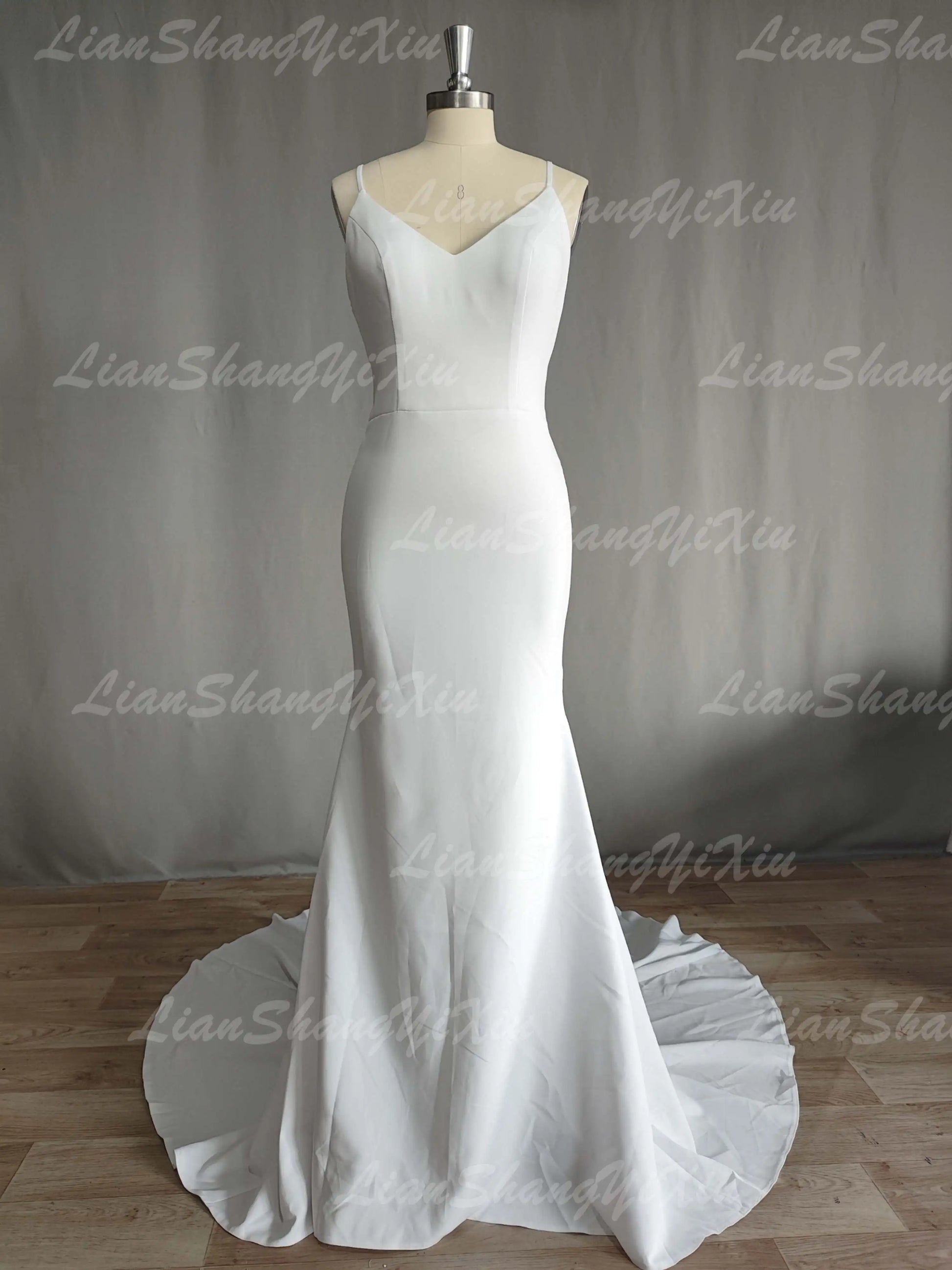 Satin Wedding Dress V-neck Spaghetti Straps Backless Formal Pleat Bridal Grown - The Clothing Company Sydney