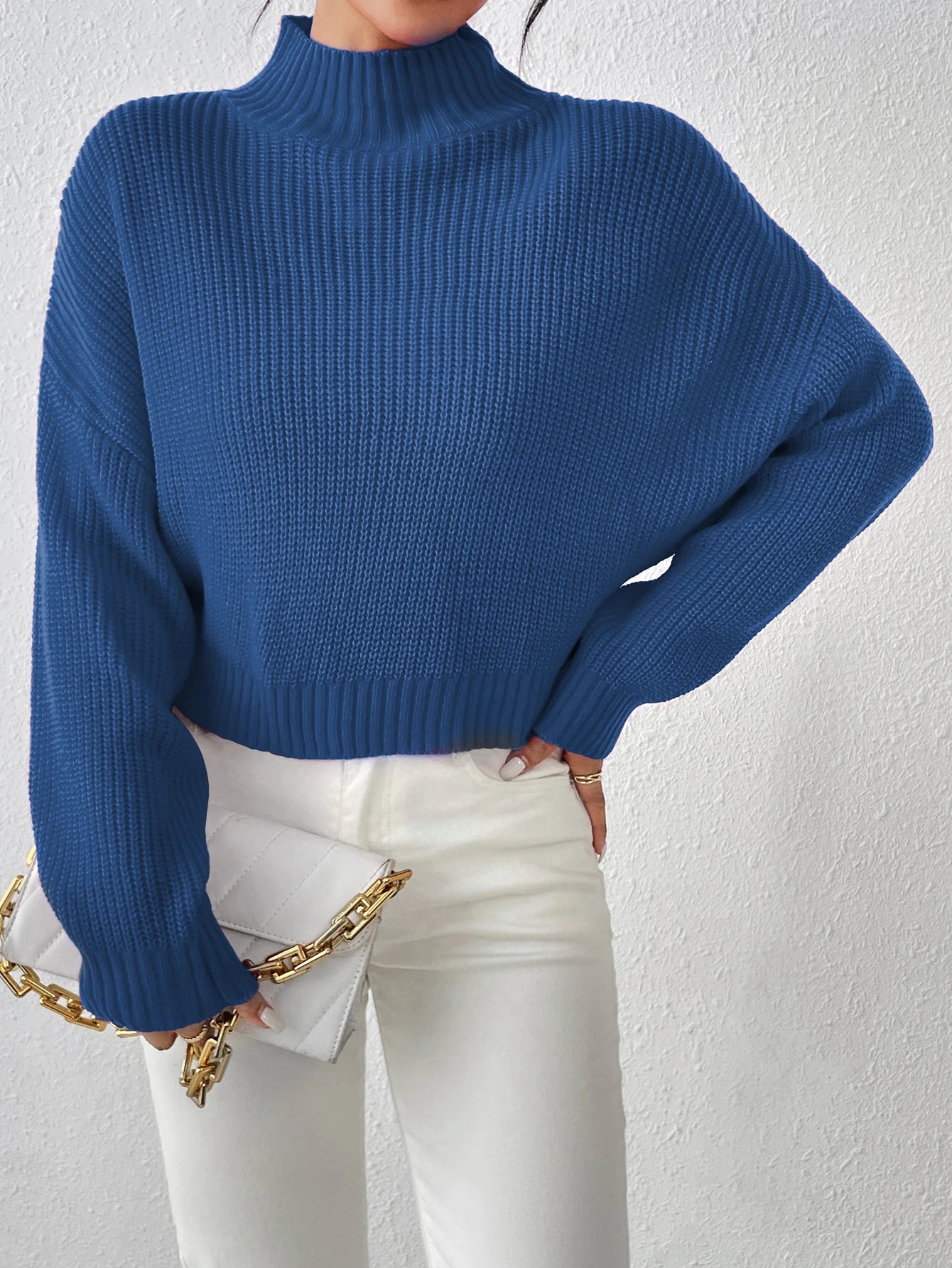 Women's Ribbed Knitted Sweater Mock Neck Long Sleeve Pullover High Neck Drop Shoulder Jumper - The Clothing Company Sydney