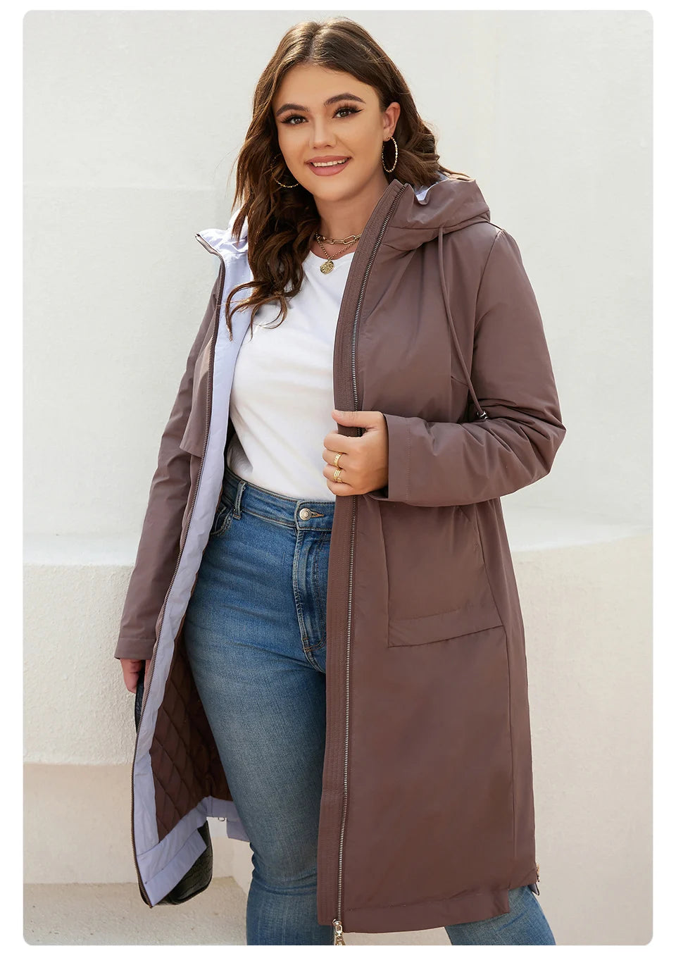 Women's jacket spring zipper long trench hooded outwear parka coat - The Clothing Company Sydney