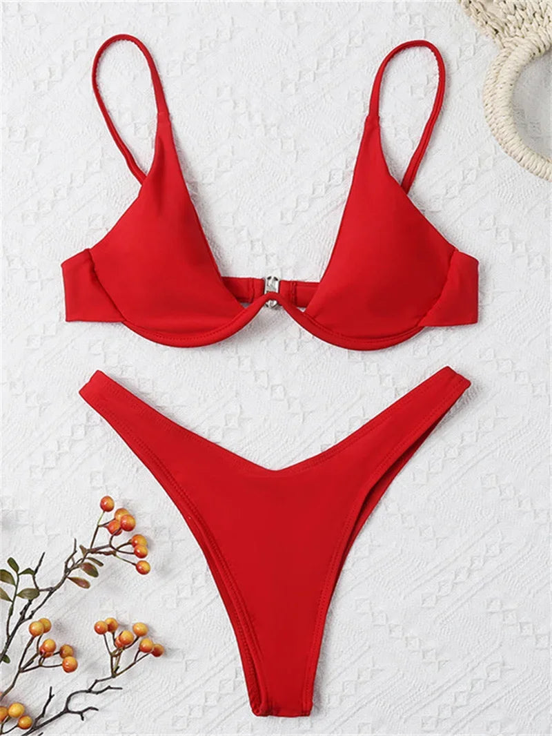 2 Piece Underwire Bikini Women Solid Red Push Up Bra Thong Swimsuit Haler V Neck Bathing Suit Mini Micro Thong Swimwear The Clothing Company Sydney