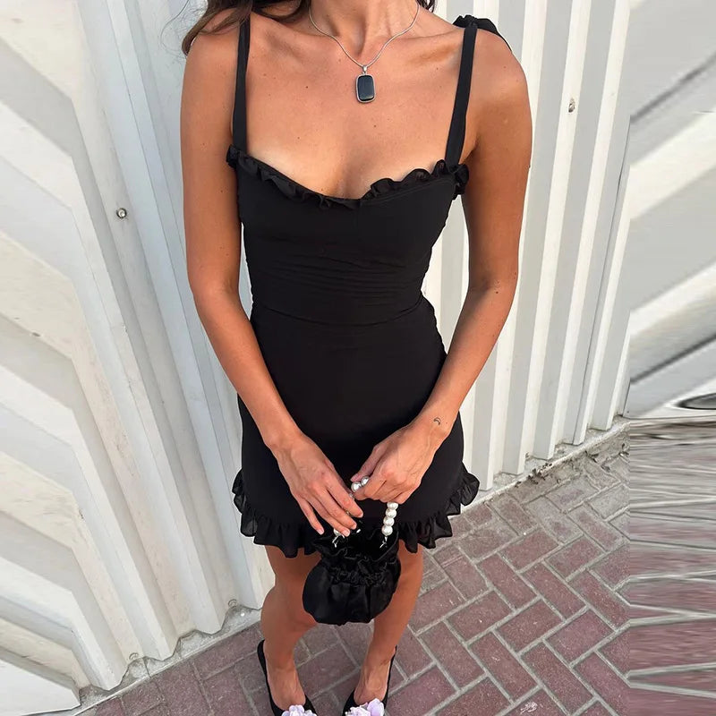 Ruffled Lace-Up Backless Mini Slim High Waist Bandage Summer Patchwork Sleeveless Dress - The Clothing Company Sydney