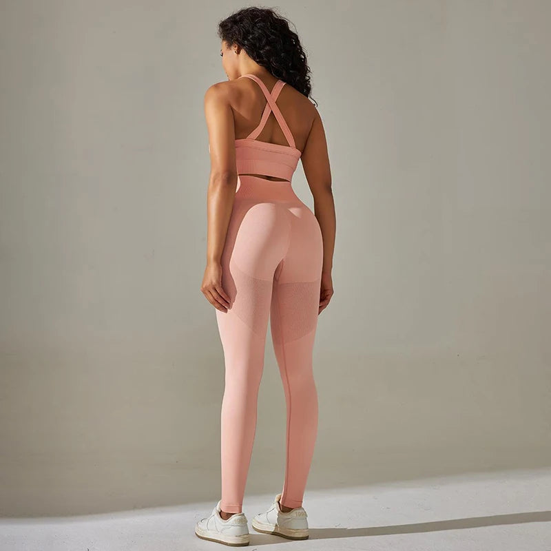 Cross Back Strap Yoga Set Women High Waist Leggings Running Workout Suits Sportswear Seamless Fitness Clothes Tracksuit Set - The Clothing Company Sydney