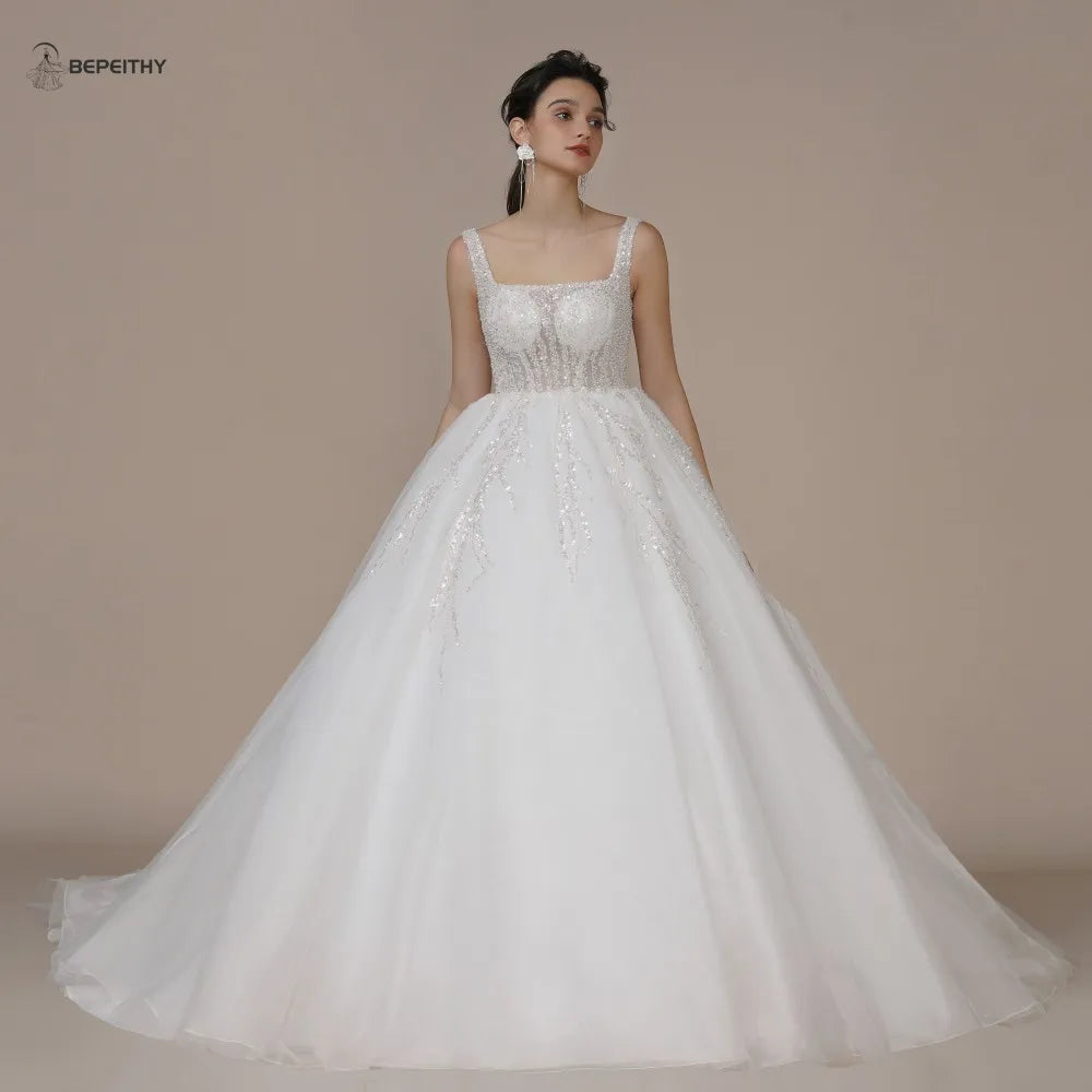 Princess Strapless Ivory Glitter Wedding Dresses Court Train Bride 3D Flower Romantic Shinny Bridal Gown The Clothing Company Sydney