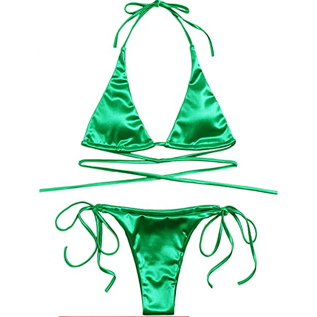 2 Piece Halter Satin Brazilian Bikini Swimwear Swimsuit Two piece Bikini set Bather Bathing Suit - The Clothing Company Sydney